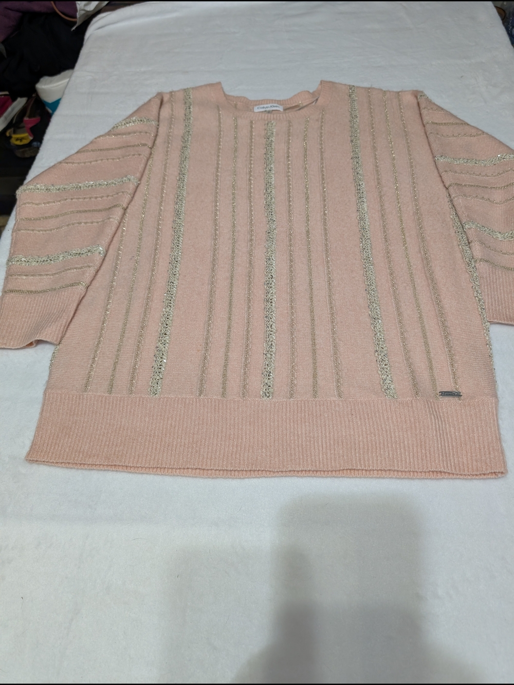 Calvin Klein Pink Crewneck Sweater with Metallic Stripes Fairy Whimsical